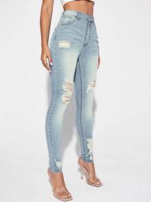 SHEIN Tall Women's Casual Everyday Washed Distressed Skinny Jeans Jeans High Waist Jeans Ripped Jeans Distressed Jeans Cute Jeans - Light Wash - View 4