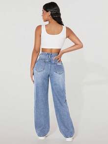 Jeanoix Plus Size Women High Waist Pockets Distressed Casual Jeans - Blue - View 2