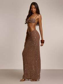 MUSERA Strappy Sequin Open Back Bralet With Low Rise Drawstring Sequin Maxi Skirt Coord Sold As Set Cute Summer Spring Sexy Going Out Beach Holiday Vacation Honey Tides - Cream - View 3