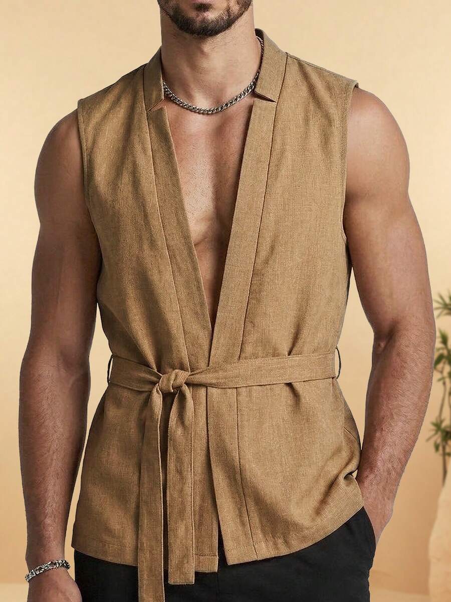 VENTUSAIL Men's Summer Casual Sleeveless Front-Open Shirt - Khaki - View 1