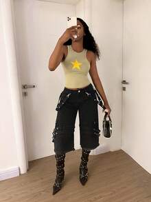 StreetHx Women's Summer Street Style Frayed Hem Loose Fit Jeans - Black - View 3