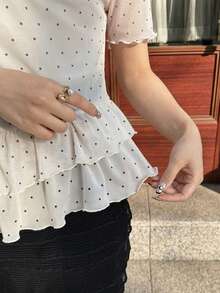 FRIFUL 女士夏季休闲度假波点印花层叠荷叶边薄纱衬衫 - 白色 - 查看 3
