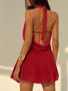 Aloruh New Sexy Backless Solid Color Halter Deep Draped Neck Asymmetrical Ruffle Hem Mini Dress, Suitable For Going Out,Red Dress - Red - View 2