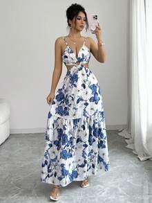 SHEIN Elenzya 女士蓝白碎花印花收腰露背镂空蝴蝶结A字连衣裙，百搭休闲、工作、时尚、优雅、浪漫，适合约会，法式复古风，度假女装连衣裙，女士夏季连衣裙，碎花吊带裙，长款连衣裙，女士长裙 - 藍白色 - 查看 7