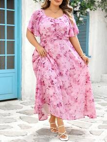 SHEIN CURVE+ 大码女式雪纺蝴蝶印花蝙蝠袖荷叶边甜美法式优雅夏季连衣裙，适合约会、婚礼、派对等场合 - 粉色 - 查看 4