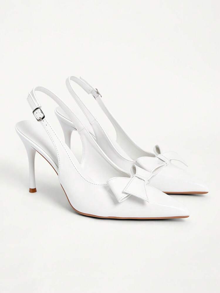 CUCCOO CHICEST Women Shoes Pointed Toe Stiletto White Bow Three-Dimensional Decoration Fashionable Sexy Party Banquet Nightclub Women's High Heel Shoes Rear Strap Slingback Women's Shoes