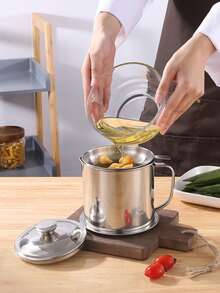 1pc Stainless Steel Oil Filter Containers, Oil Storage Bottle, Oil Storage Cup With Lid, With Strainer For Kitchen,Deep Fryer Oil Storage, Stainless Steel Oil Container, Multifunctional Oil Filter Pot For Kitchen, Christmas - primary color - View 2