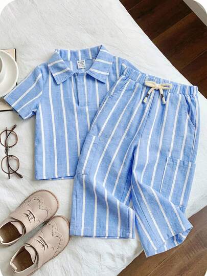 SHEIN 2pcs/Set Baby Boy/Girl Comfortable Casual Versatile Blue & White Striped Collar Shirt Top And Pants Set, Suitable For Spring/Summer Indoor, Outdoor, Daily, Sports, Play, Party, Photo Shoot, Holiday, Festival