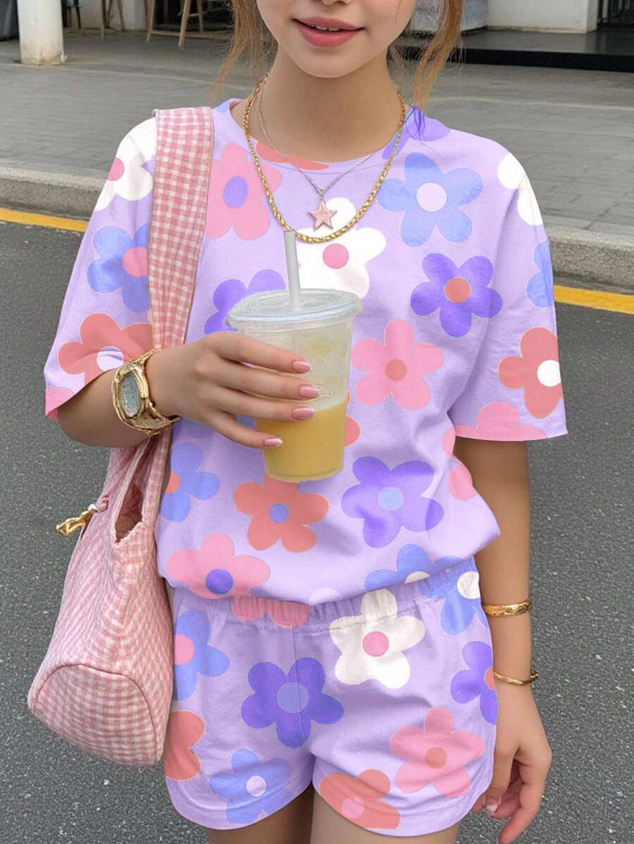 2件套少女休闲多巴胺花朵印花圆领短袖T恤和短裤套装,适合夏季、凉爽夏日、度假氛围 - 彩色 - 查看 1