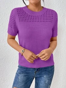 EMERY ROSE Women's Round-Neck Solid Color Short-Sleeved Knitted Top For Summer For New Year Clothes Office Deep Purple Elegant - Purple - View 6