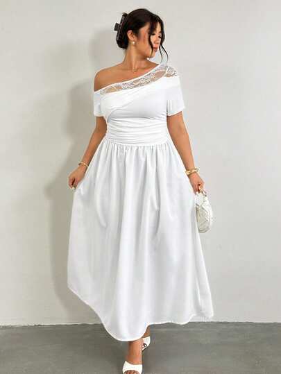 Firerie Plus Size Women's Contrast Lace Asymmetric Neck Short Sleeve Elegant Dress