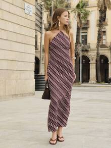Nöista Halter Neck Dress With Diagonal Irregular Stripes, Summer, Spring, Easter. - Brown - View 3