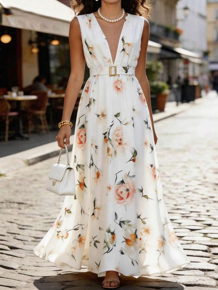 EMERY ROSE Women's Summer New Vacation Floral Print Asymmetric Neck Dress - White - View 1