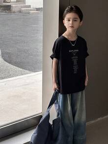 DAZY Tween Boy Round Neck Slogan Print Casual Versatile Daily Wear Short Sleeve T-Shirt Summer - Black - View 5