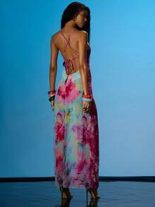 MUSERA 吊带V领镂空花朵装饰开衩印花雪纺长裙，夏季性感外出海滩度假伊比沙岛俱乐部热带风情 - 彩色 - 查看 5