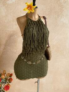 Soleia 女士白色高领流苏迷你针织连衣裙，秋冬款 - 軍綠色 - 查看 6