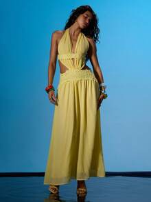 MUSERA 低胸垂褶露背吊带花边镂空露背长裙，夏季性感海滩度假伊比沙岛俱乐部热带风情 - 淡黃色 - 查看 1