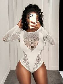 BamGleam Áo liền thân dài tay lưới gợi cảm màu trơn thiết kế khoét rỗng dành cho nữ - trắng - Xem 3
