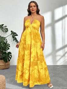 Firerie 大码扎染印花露背吊带连衣裙，休闲假日款 - 黃色 - 查看 5