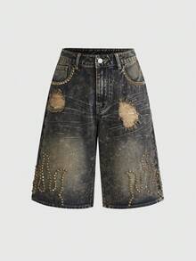 ROMWE Grunge Punk Summer New Women Ripped Distressed Denim Shorts, Flame Rivet Pattern, Fashionable Street Style - Medium Wash - View 1