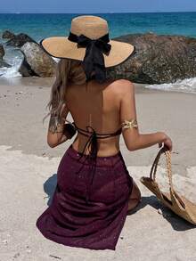 Livesso 女士亮片面料垂褶领露背短款上衣和长裙沙滩套装，性感休闲泳装罩衫 - 酒紅色 - 查看 6