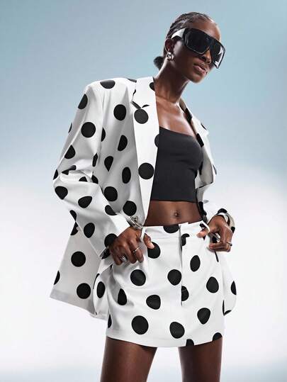 GENKIRA Crisp Suit Fabric Black & White Contrast Polka Dot Random Print Vintage Modern Oversized Blazer + Mini Skirt Women's Suit Set, Lapel Flap Pockets Asymmetric Metal Button Design, Punk Avant-Garde Retro Cool Casual Commute Versatile