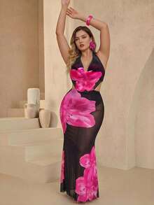 Swim Oasis 加大码女式夏季沙滩花卉印花吊带性感比基尼泳装套装带罩衫裙 - 黑色 - 查看 6