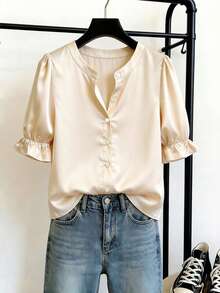 Franclia 's Elegant Summer Beige Satin Round Neck Button-Down Shirt,Pleated Puff Sleeves Soft Drape Relaxed Fit Blouse For Tea Party,Work,Holiday - Apricot - View 3