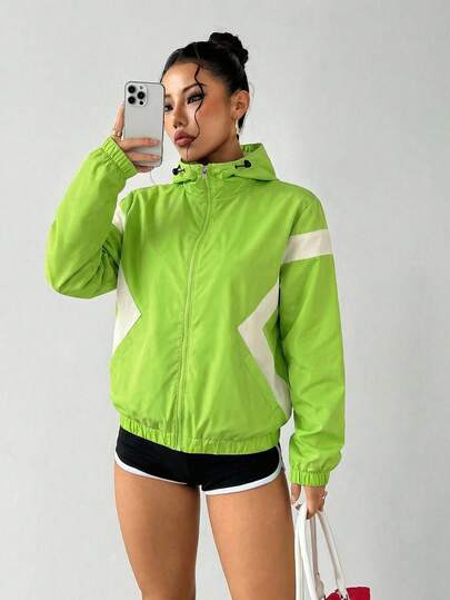 Exploreva Chaqueta deportiva casual de uso diario con capucha y cremallera delantera de color contrastante para mujer