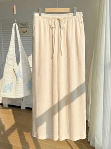 GalTyme Quần ống rộng dáng suông, màu trơn, chất liệu vải nhăn, có dây rút, thích hợp cho kỳ nghỉ hè, cỡ lớn. - Màu be - Xem 3