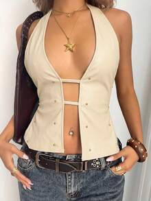 Aloruh Top sin espalda de verano casual para mujer con detalle de remaches en el cuello halter - Beis - Ver 7