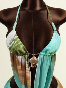 Zestiva Conjunto de ropa de mujer para festival de música bohemio, disfraz de fiesta de rock, ropa de playa de verano, disfraz de Halloween, atuendo de Acción de Gracias, vestido elegante de fiesta, atuendo sexy de lujo para discoteca, conjunto de ropa para fiesta de piscina, top corto con teñido anudado y decoración de cuentas con minifalda sexy - Multicolor - Ver 4