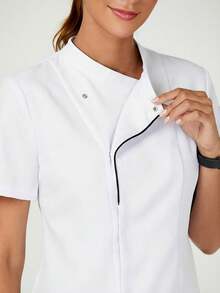 TaskEZ Women's Short Sleeve Surplice Neck Hidden Button Front Work Blouse - White - View 5