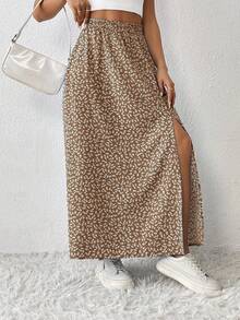 SHEIN PETITE Ditsy Floral Print Split Thigh Skirt - Khaki - View 5