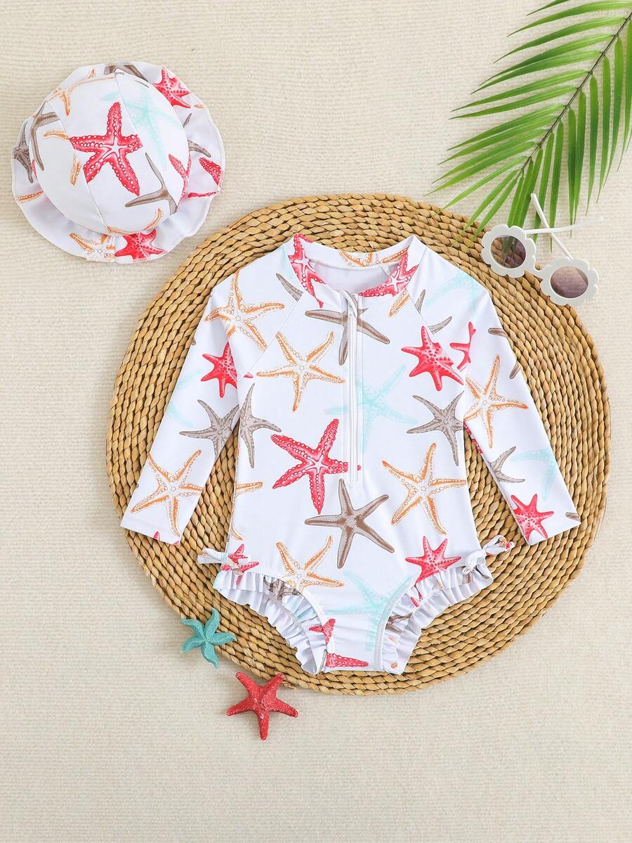 SHEIN Baby Girl Starfish Print Long Sleeve Zipper Front One-Piece Swimsuit With Matching Hat,High-Stretch Sun Protection Swimwear For Holiday Beach Vacation - Multicolor - View 1