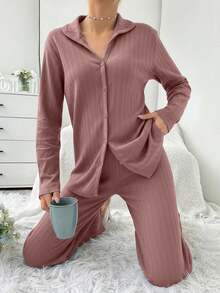 EURMUSE Plus 100%Cotton Shirt Style Buttoned Striped Dark Burgundy 2 Pieces Pajama Set - Rusty Rose - View 5