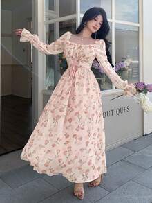 Feyla Women's Elegant Floral Print Ruffle Trim Square Neck Waist Cinched Mid-Length Dress, Spring/Autumn - Pink - View 4