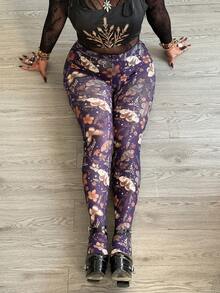 Whyspr 网纱透视印花优雅复古朋克哥特颓废风休闲酷炫紧身裤，适合大码女性 - 紫色 - 查看 4