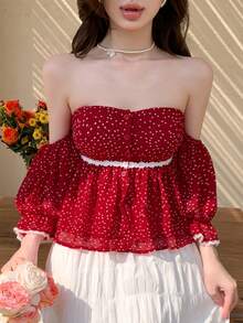 Joudiya Áo kiểu chấm bi đỏ mùa xuân hè với viền ren xếp nếp, thiết kế khoét lỗ, trễ vai, dáng ngắn, thắt eo, tay ngắn, phong cách thường ngày đi nghỉ mát biển. - Đỏ - Xem 10