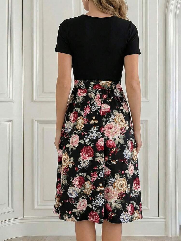 1 Pack Floral Print Bouquet Dress Flower Dress With Sleeves Dress Women Summer Elegant