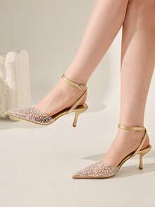 CUCCOO CHICEST 女士珍珠水钻透明带尖头细高跟凉鞋，性感优雅露背高跟鞋 - 金色 - 查看 3
