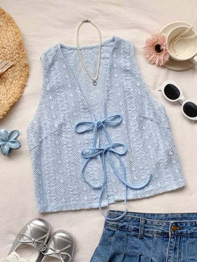 Comfortcana 2026 Spring/Summer New Women's Blue Imitation Crochet Fabric Bow Tie Shirt,Winter,Easter,Party ,Beach,Wedding,Graduation,Elegant,Casual,Vacation,Sports, Formal,Y2k,Business,Sequin,Fringe,Ruffle,Flower,Graphic,