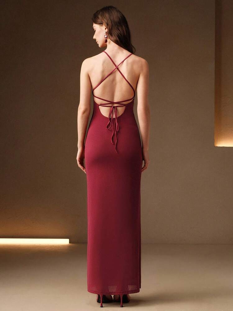 Luxury Wine Red V-Neck Dress, Rose Embroidery & Beaded Slim-Fit Formal Gown