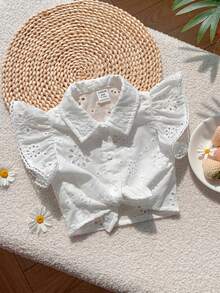 SHEIN 女宝宝可爱夏季度假白色花卉刺绣领短袖衬衫 - 白色 - 查看 1