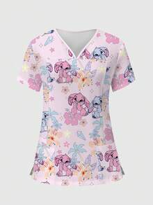 TaskEZ Áo đồng phục y tá in hình hoạt hình chú thỏ dễ thương và hoa dâm bụt, cổ chữ V, tay ngắn, trang phục làm việc cho nữ trong ngành y tế, mùa xuân/hè. - Nhiều màu - Xem 3