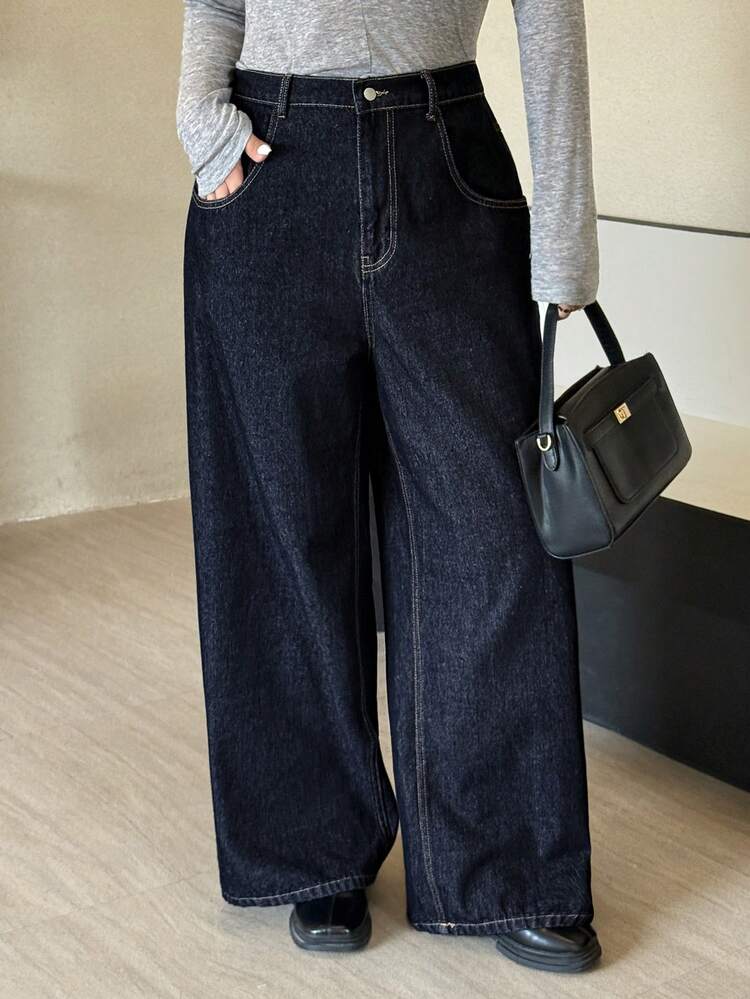 Dazy Plus Dark Wash Loose Straight Leg Business Casual Commuter Long Jeans, All Season