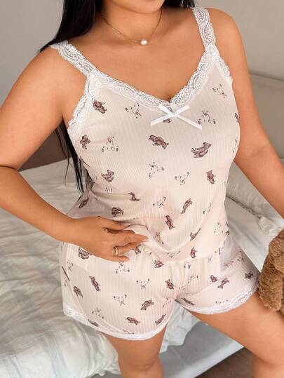 ZzzCrew Komplet piżamowy w dużym rozmiarze, bezrękawnik i szorty, koronkowe wykończenie, uroczy nadruk z misiem, bielizna nocna i domowa