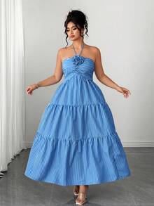 Elenzga Women's Fashionable Elegant Halter Backless Tie Strap Striped Dress - Blue and White - View 3