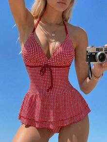 Swim Mod 2026春夏度假沙滩红色格子可爱甜美V领双层泳衣连衣裙，新款女式泳装到货，适合上学、度假、约会、下午茶、西式、邮轮、海滩、海岛、公路旅行、四季皆宜、音乐节、波西米亚风度假、凉爽秋季、西部波西米亚风、优雅女式泳衣、女式吊带泳衣、可爱女式泳衣、女式沙滩装、女式连体泳衣、女式收腹泳衣、女式全包臀泳衣、女式夏季泳装连衣裙 - 紅色 - 查看 1
