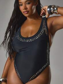 MUSERA Plus Size Studded Scoop Neck Low Back Swimsuit Spring Summer Vacation Holiday Beach Ibiza Festival Swim Sexy Elegant Blackwater - Black - View 2